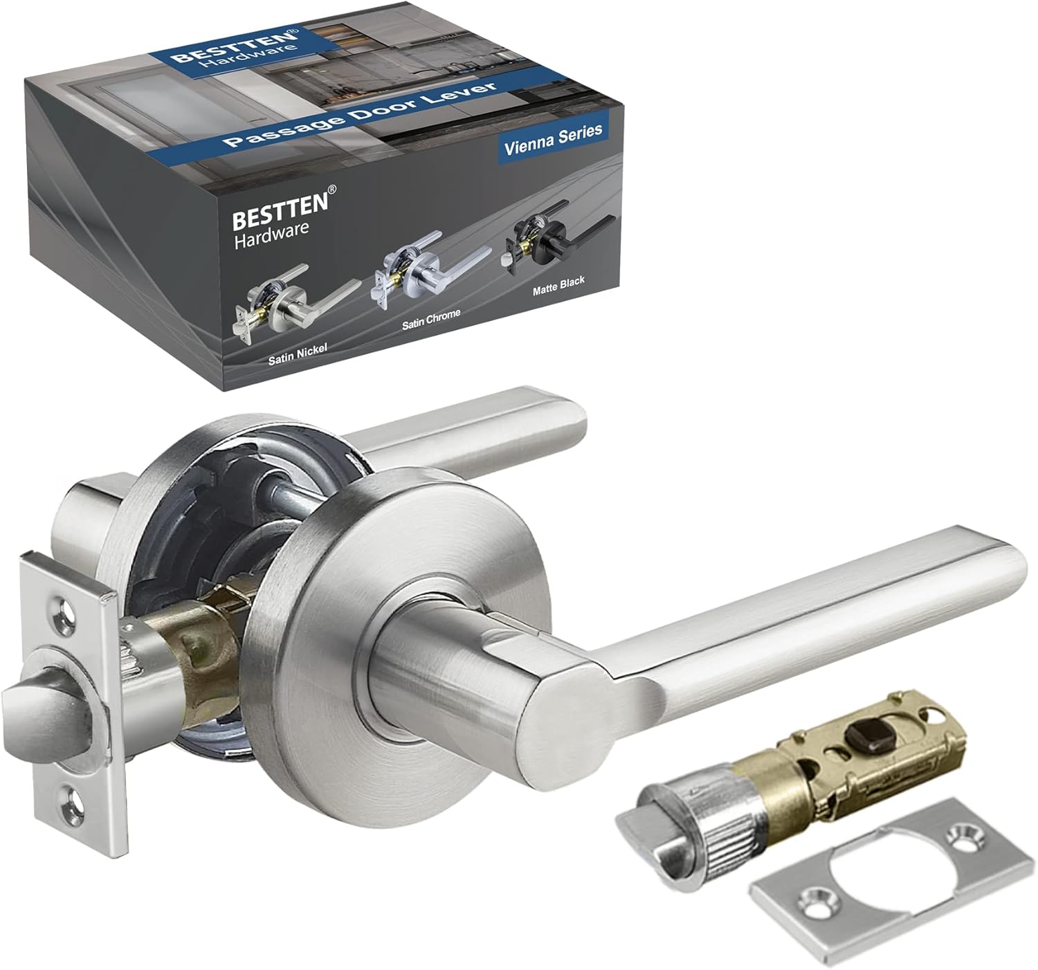 [3 Pack] BESTTEN Privacy Door Lever with Removable Latch Plate, All Metal Round Handle Design for Bedroom and Bathroom, Commercial and Residential, Satin Nickel, Vienna Series