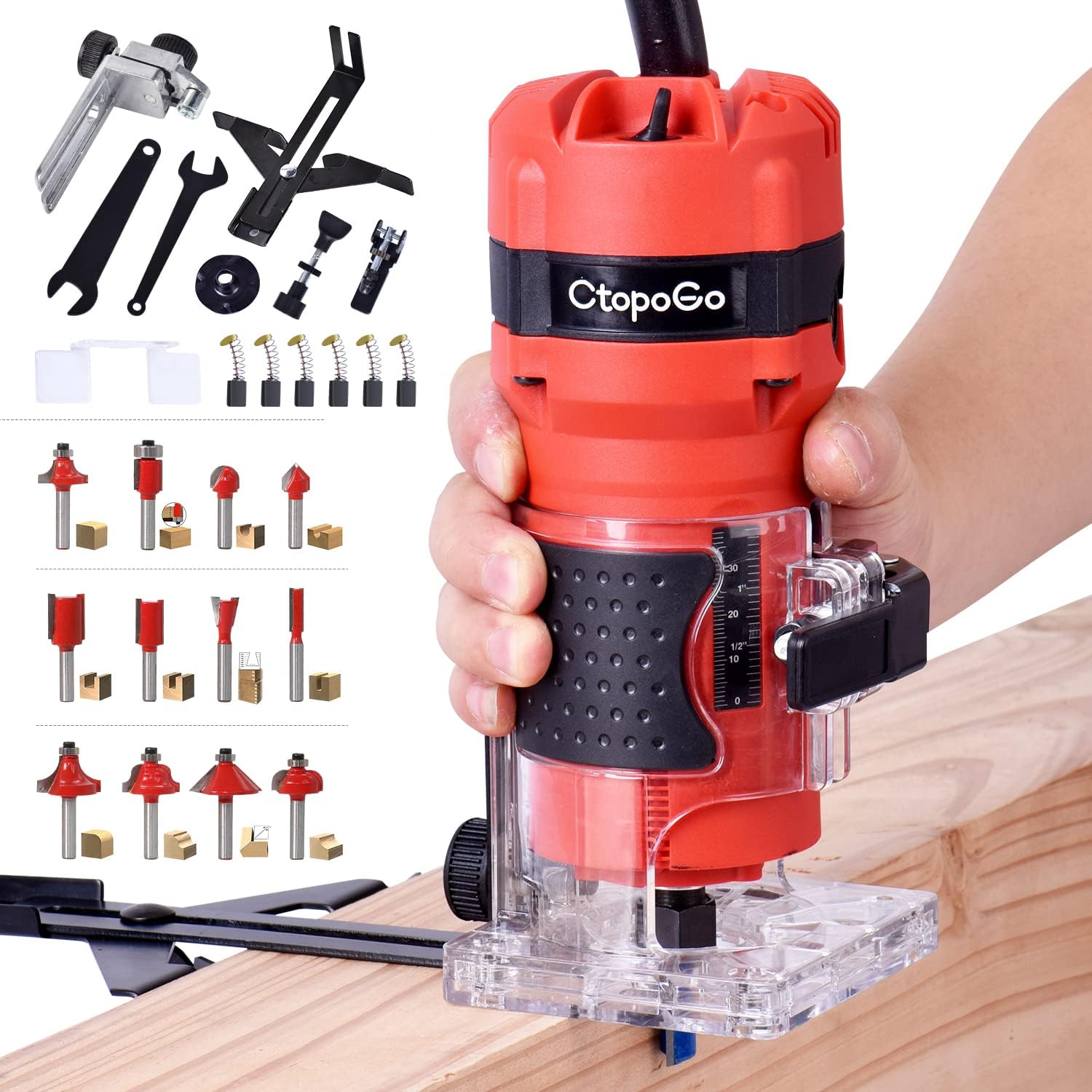 CtopoGo Compact Wood Palm Router Tool Hand Edge Trimmer WoodWorking Joiner Cutting Palmming Tool 30000R/MIN 800W 110V with 12PCS 1/4
