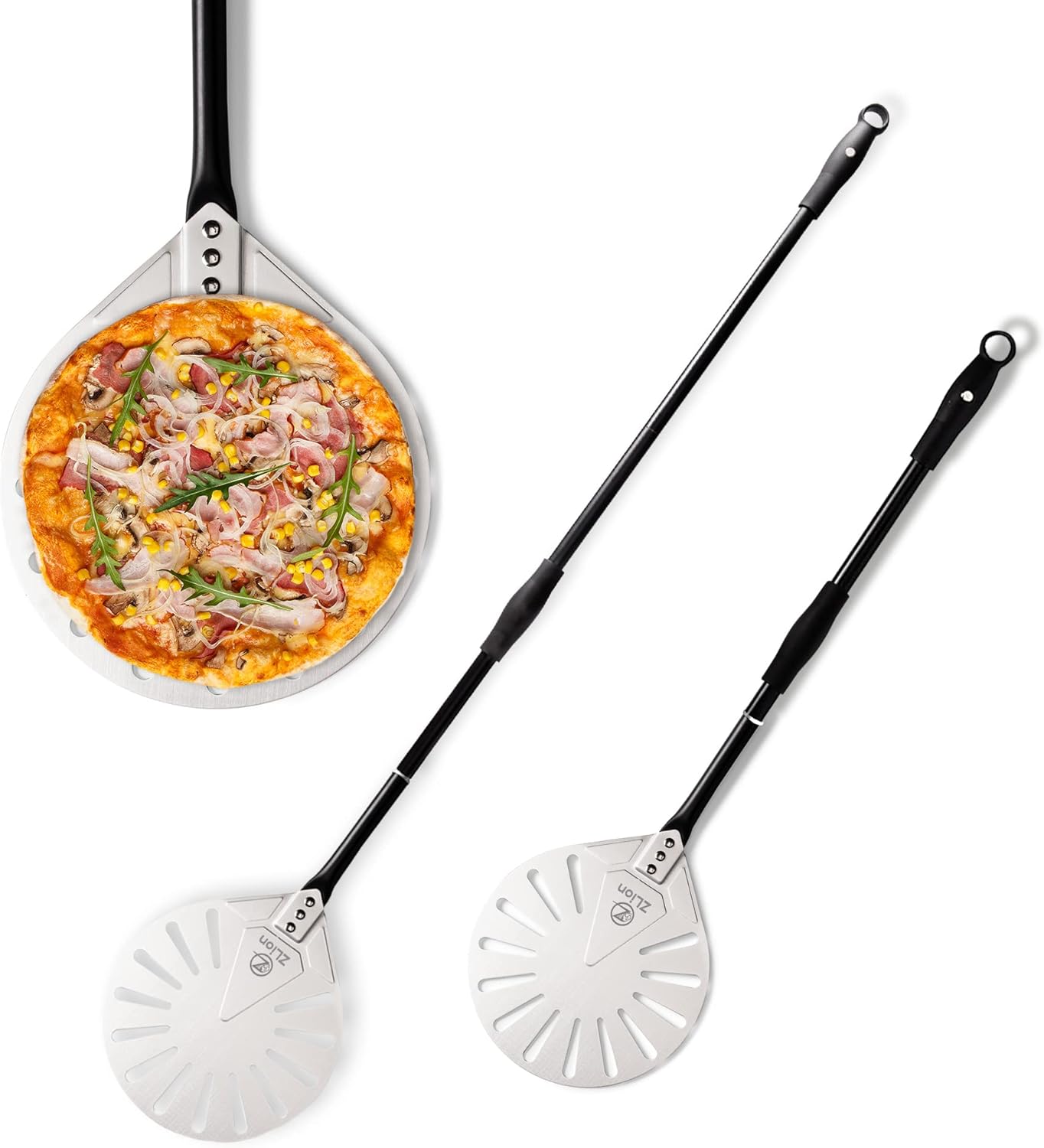 Pizza Turning Peel with Perforated Aluminum Blade, Easy to Use Turning Peel for Pizza, Adjustable Long Handle, Movable Hand Grip, Rotating Pizza Peel, Pizza Accessories, Wooden Pizza Peel Alternative