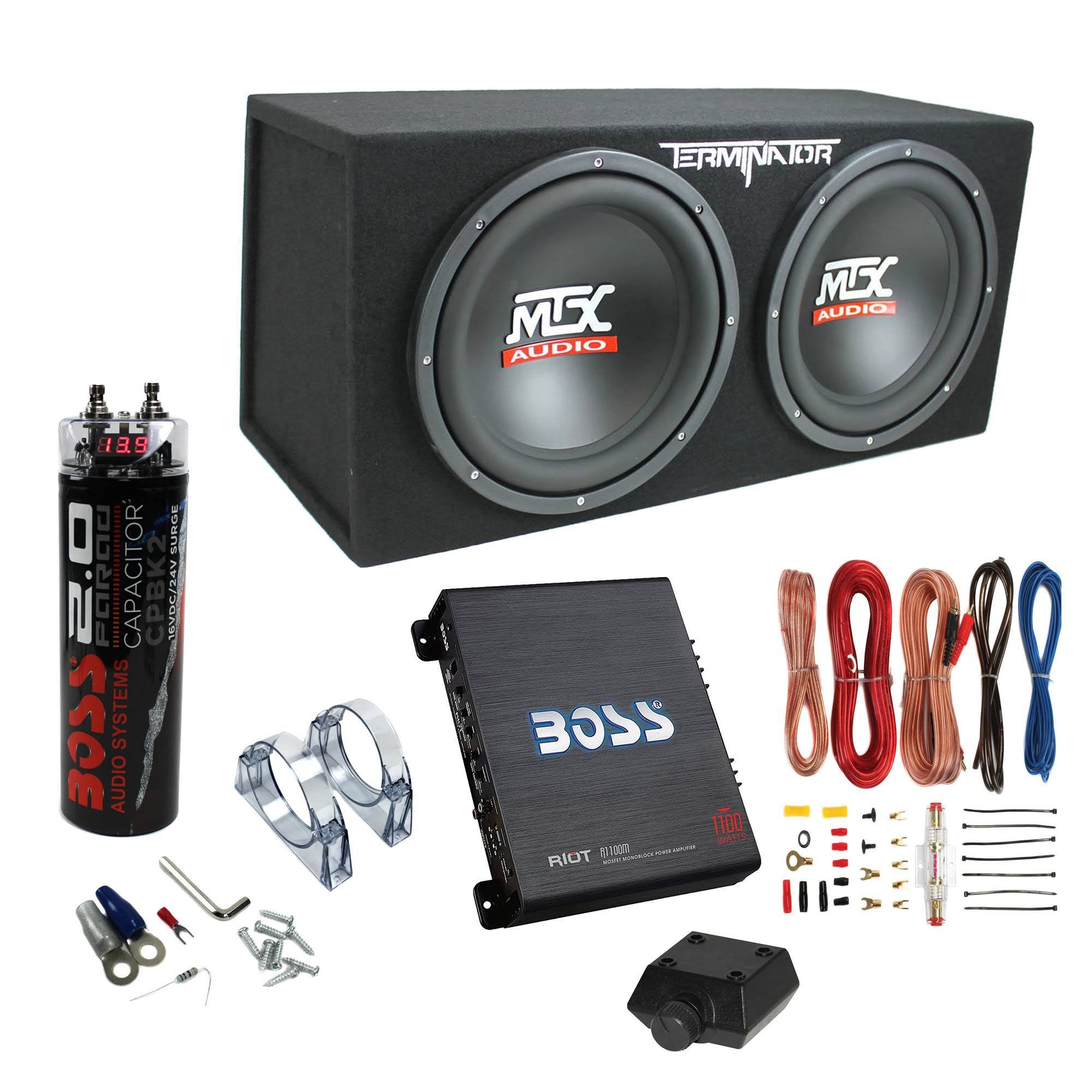 MTX TNE212D 12x22 1200W Dual Loaded Subwoofer Box + 1100W Amplifier + Capacitor