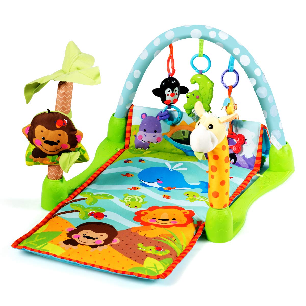 BABY JOY 4-in-1 Baby Play Gym Mat, Kick and Play Gym Baby Explore Activity Center with Steady Frame and 3 Hanging Toys, Newborn Game Mat, Exercise Baby's Limbs Vision Ability (Forest Colorful) Pack of 2