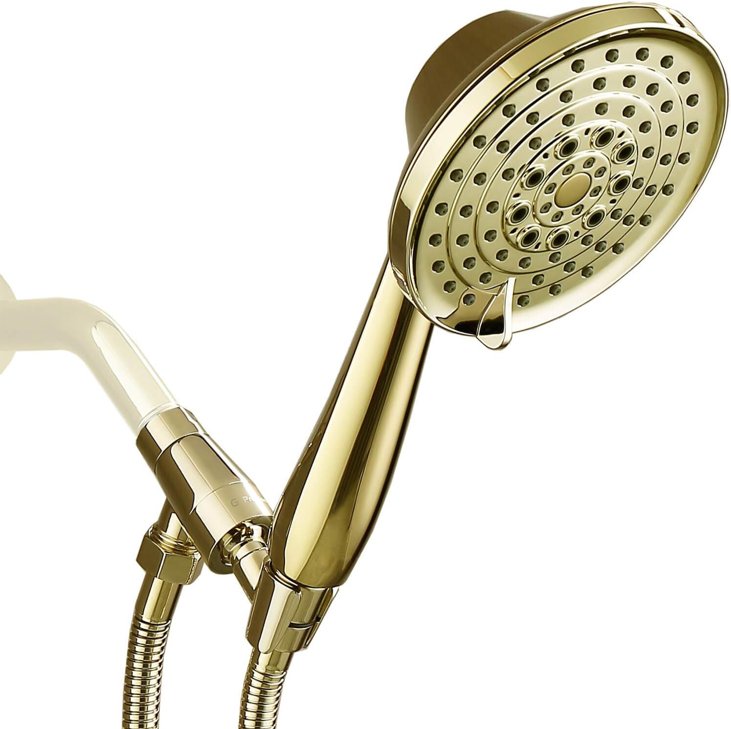 Luxury High Pressure 5“ Face 6 Setting Detachable Handheld Shower Head with Extra Long Flexible Metal Hose(70” Stretches to 75”), Adjustable Metal Bracket Holder, Polished Brass Finish (2.5GPM) Pack of 2