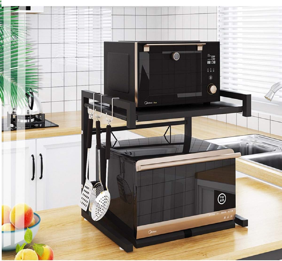 Metal Microwave Oven Rack Toaster Stand Shelf Expandable Kitchen Supplies Tableware Storage Counter Space Saver Cabinet Organizer Spice Holder with 3 Hooks, 60lbs Weight Capacity Black Stainless Steel Pack of 2