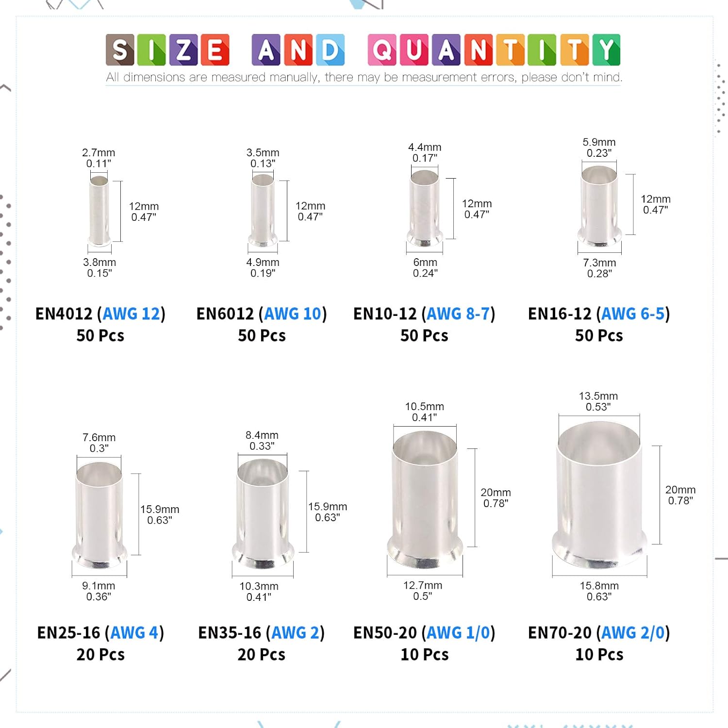 Glarks 260Pcs 8 Sizes AWG 12 10 8 6 4 2 1 2/0 Wire Ferrules Kit Silver Plated Copper Crimp Connector Non Insulated Ferrules Pin Cord End Terminals Assortment Kit Pack of 2