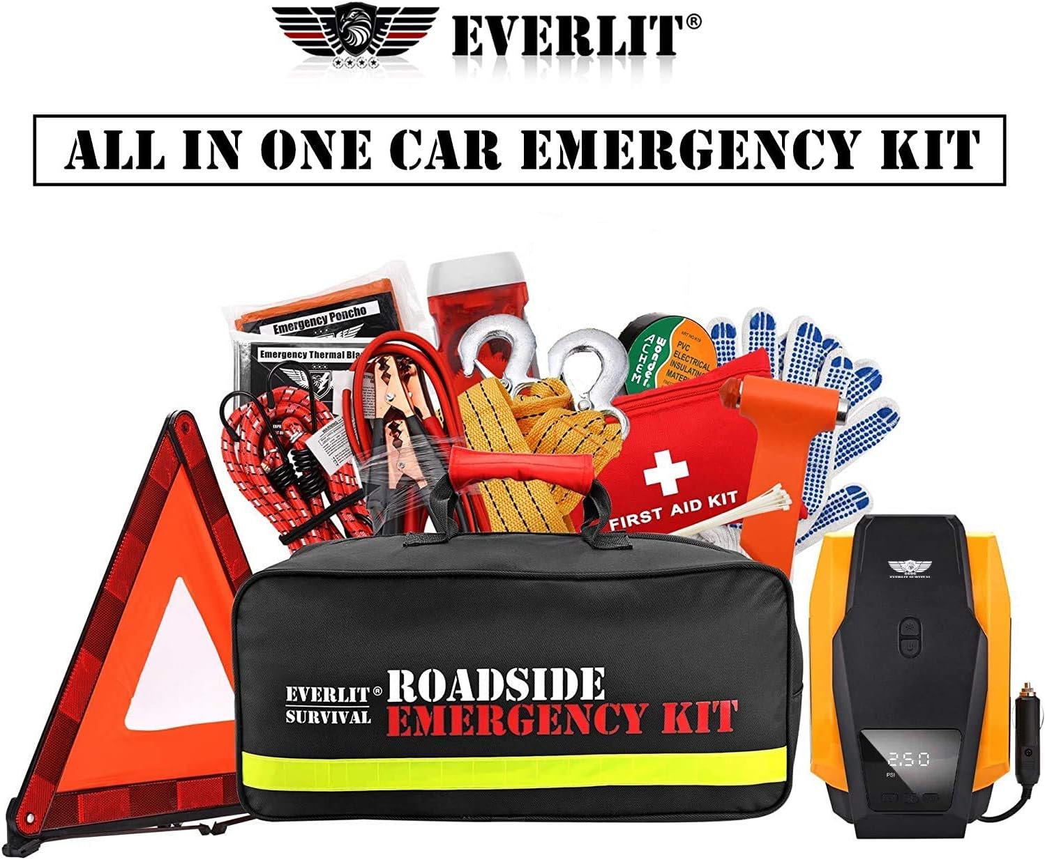 EVERLIT Roadside Assistance Kit, Car Emergency Kit Assistance Car Kit with Digital Air Compressor, 12FT Jumper Cable, Tow Strap, Flashlight, 108 Pieces First Aid Supplies (with Air Compressor) Pack of 2