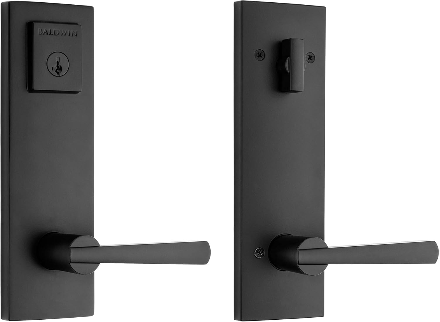 Baldwin Spyglass Single Cylinder Front Door Handleset Featuring Microban Antimicrobial Protection and SmartKey Security in Matte Black , Prestige Series Slim Door Handleset and Square Lever