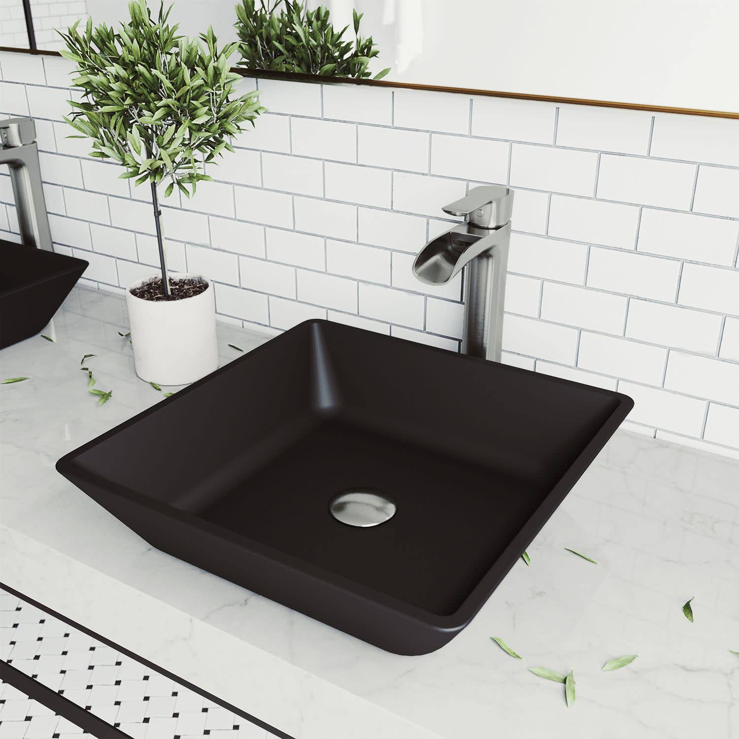 Roma Glass Rectangle Vessel Bathroom Sink Set with Niko Faucet in Brushed Nickel, Black, Vigo VGT1433
