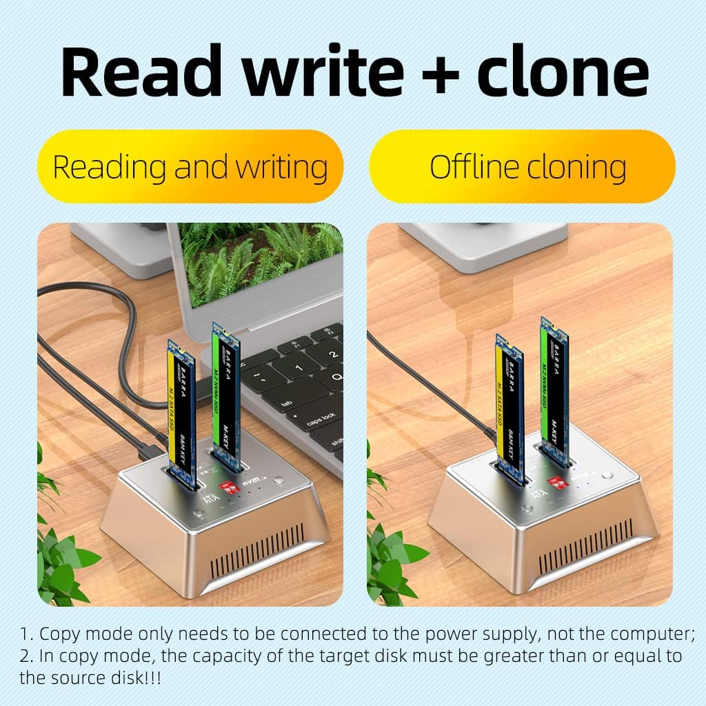 AODUKE USB3.2 10Gbps to M.2 NVMe SATA Docking Station, Fan Cooling External Hard Drive Enclosure, Support M.2 SATA/PCIe SSD Offline Clone Data backup-AJM2SPC