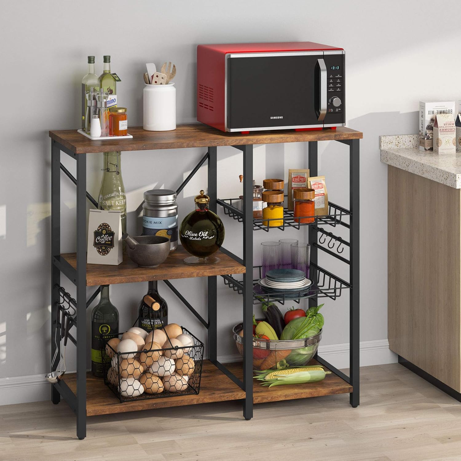 Tribesigns Kitchen Cart Baker’s Rack, Microwave Oven Stand Industrial Utility Storage Shelf Organizer Rustic Coffee Bar with Wire Basket and 6 Hooks