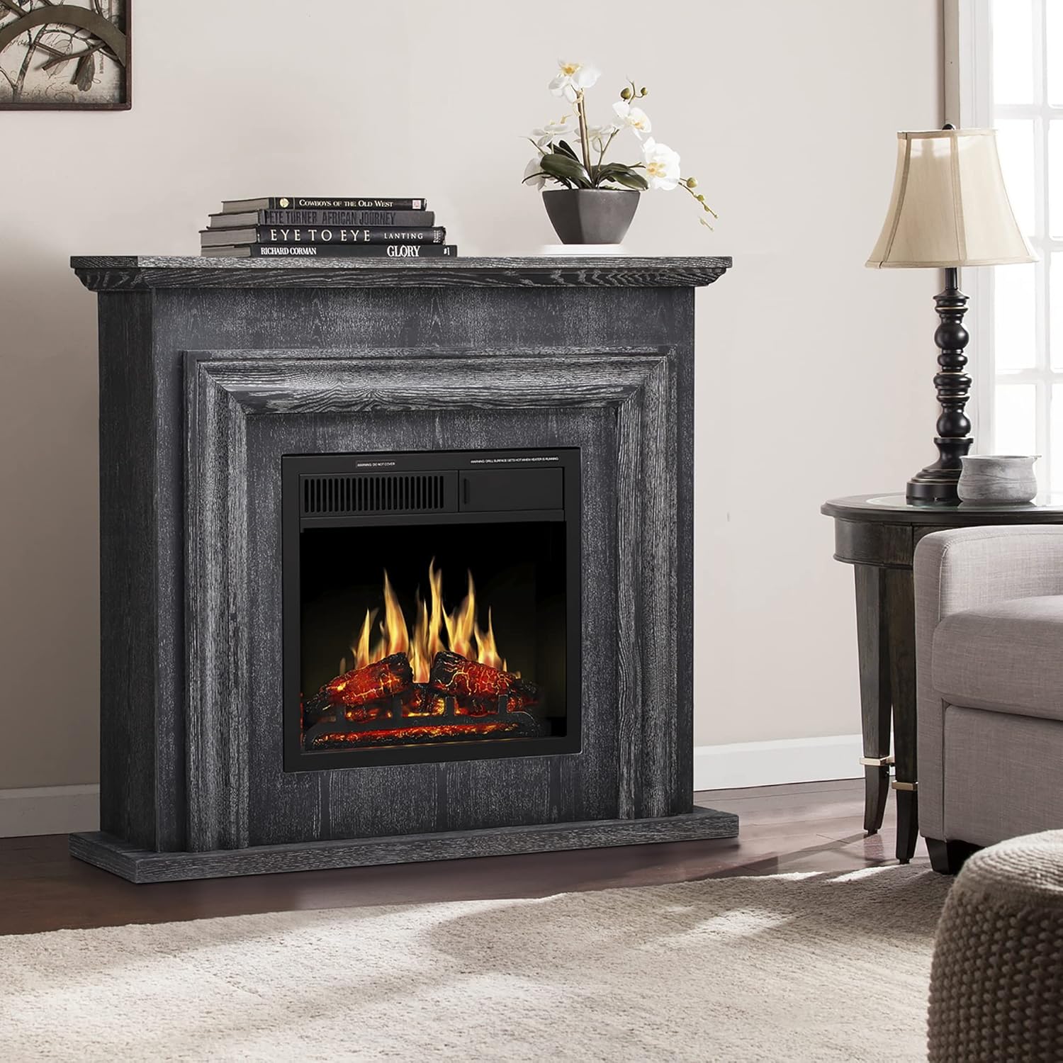 JAMFLY Electric Fireplace with Mantel Package Freestanding Fireplace Heater Corner Firebox with Log & Remote Control,750-1500W, Gray