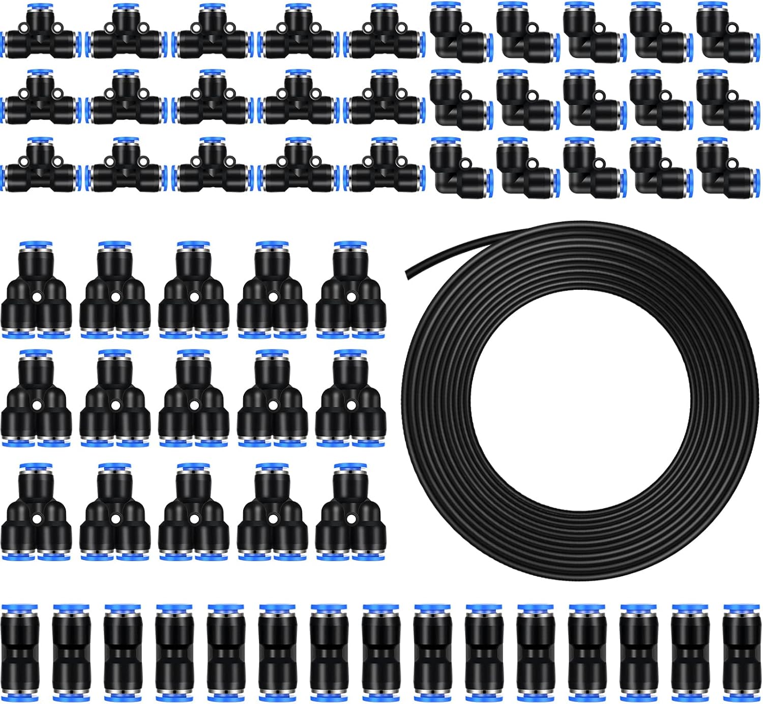60 Pieces Push Air Fittings Include 1/4 Inch OD Push to Connect Fittings Pneumatic Fittings Kit with 1 Black 1/4 Inch OD Nylon Air Tubing, 15 Spliters 15 Elbows 15 Tee 15 Straight