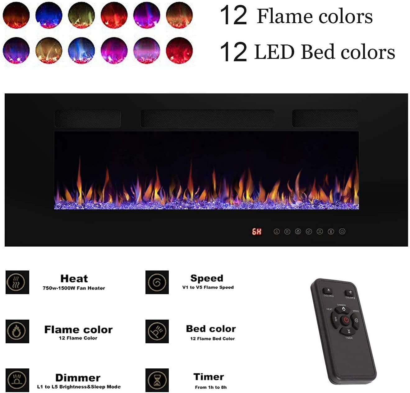 R.W.FLAME 42 inch Recessed and Wall Mounted Fireplace,Low Noise, Fit for 2 x 6 and 2 x 4 Stud, Remote Control with Timer,Touch Screen,Adjustable Flame Speed…