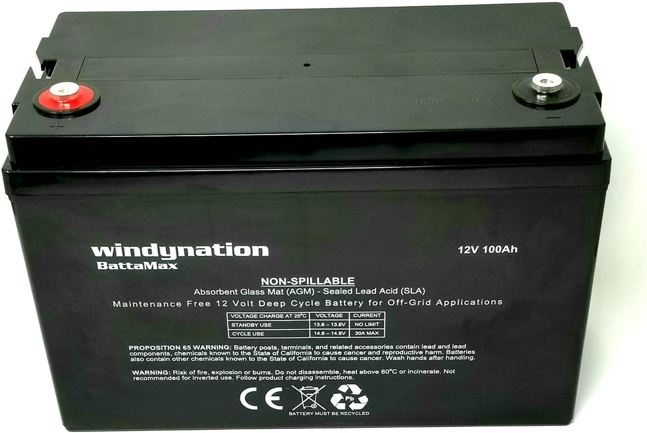 WindyNation 100 amp-Hour 100AH 12V 12 Volt AGM Deep Cycle Sealed Lead Acid Battery - Solar RV UPS Off-Grid (1 pc 100 amp-Hour)