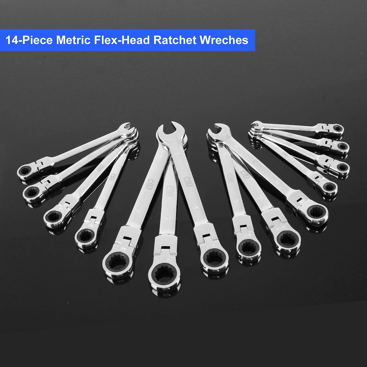 PROSTORMER 14-Piece Flex-Head Ratcheting Wrench Set, 6-19mm Metric Chrome Vanadium Steel Ratchet Wrenches, Combination Ended Spanner Kit with Storage Case Pack of 2