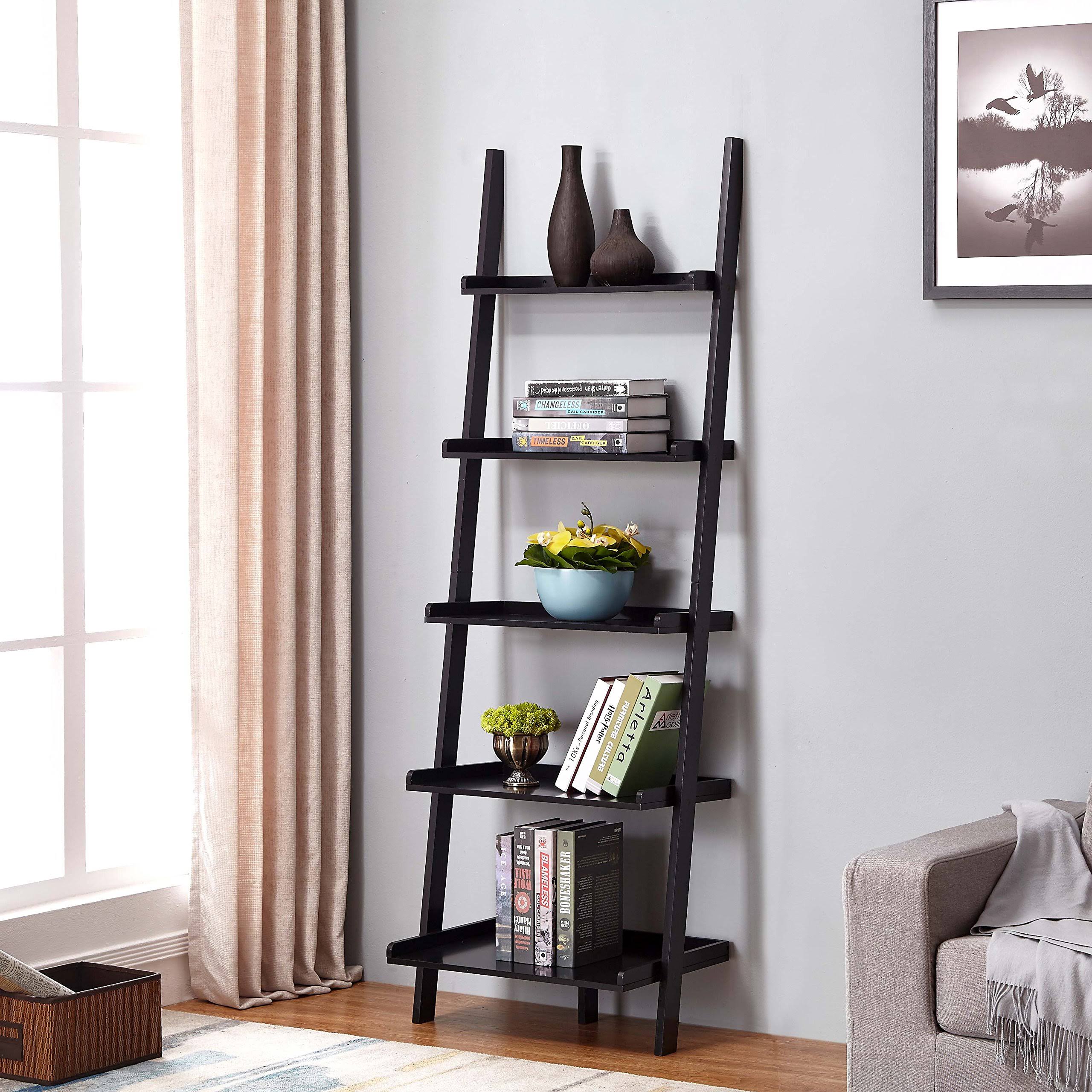 Black Finish 5 Tier Bookcase Shelf Ladder Leaning - 72x22 Height