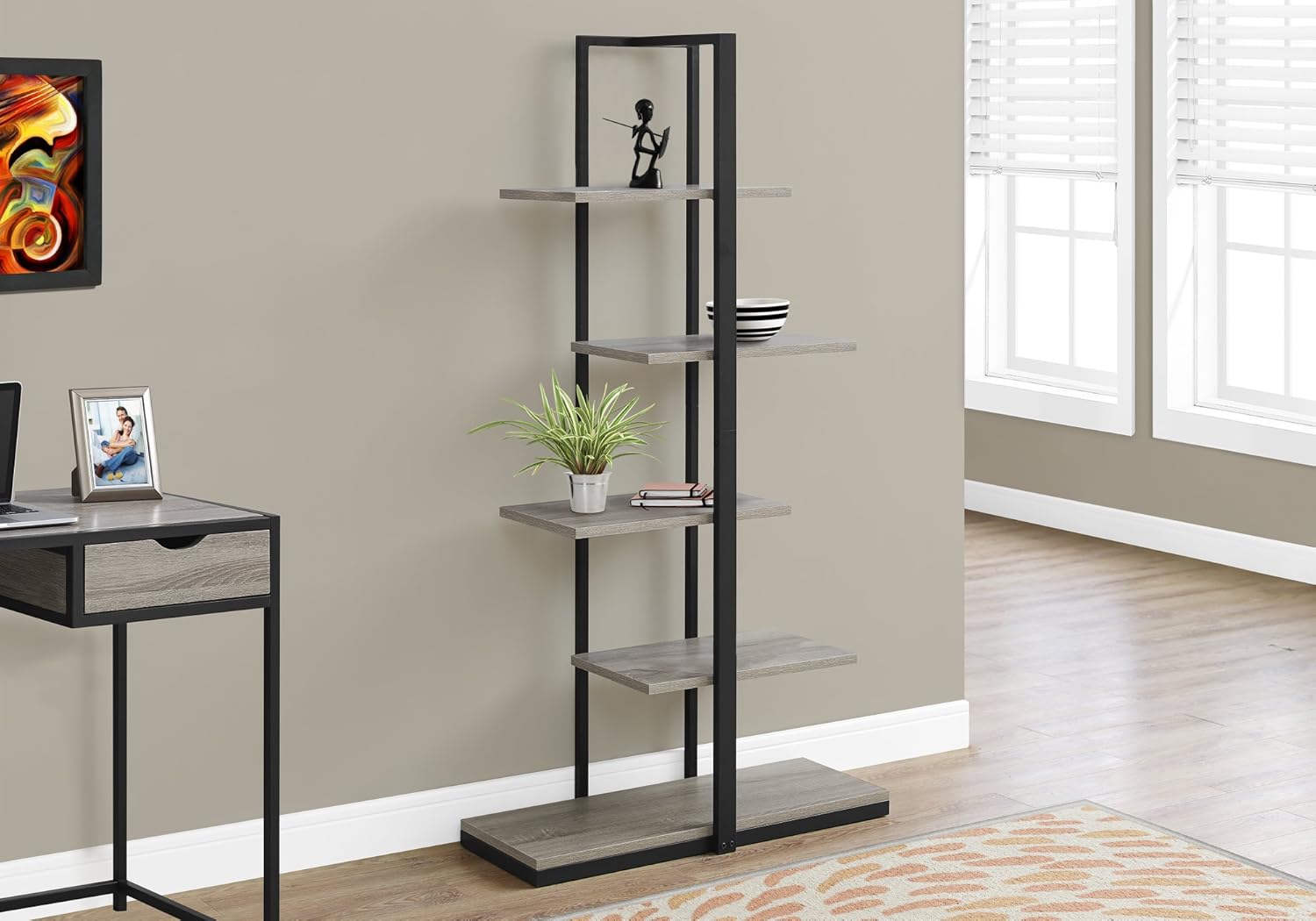 Monarch Specialties I Bookcase-60 H/Dark Taupe/Black Metal