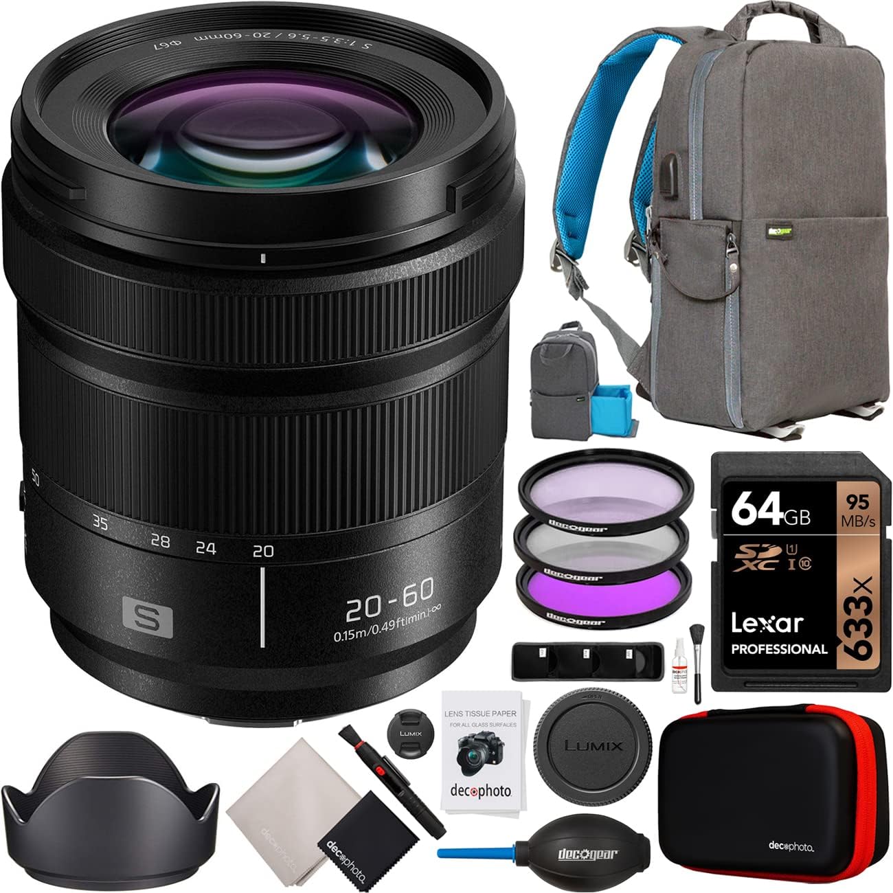 Panasonic 20-60mm F3.5-5.6 LUMIX S Lens for L-Mount Full Frame Mirrorless Cameras S-R2060 Bundle with Deco Gear Photography Backpack + UV/Polarizer/FLD Filter Kit + Accessories