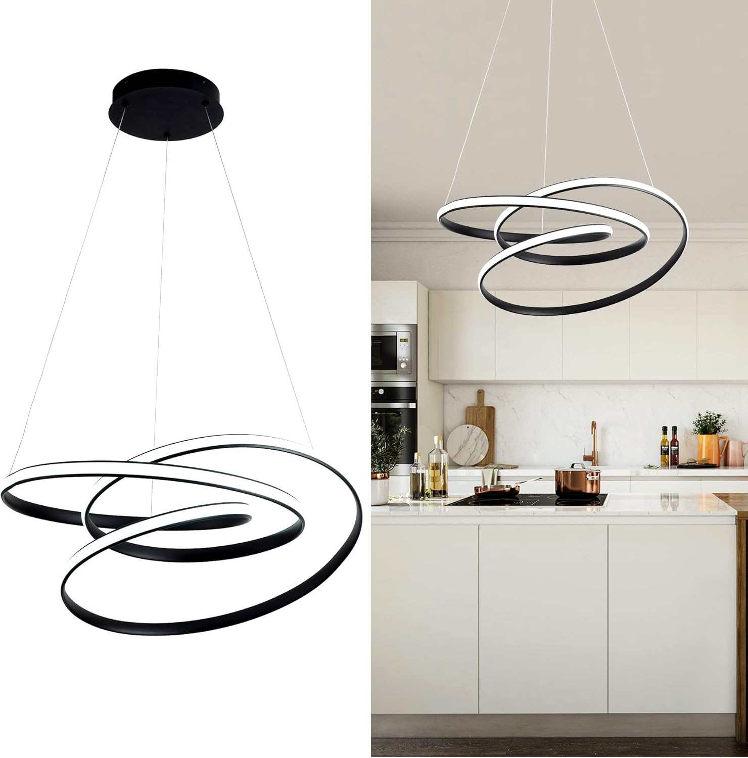 WELAKI LED Chandelier, 80W 6000K Dimmable,Modern Pendant Light Fixture for Kitchen Island, Restaurant, Dining Room, Living Room, Bedroom (Black)