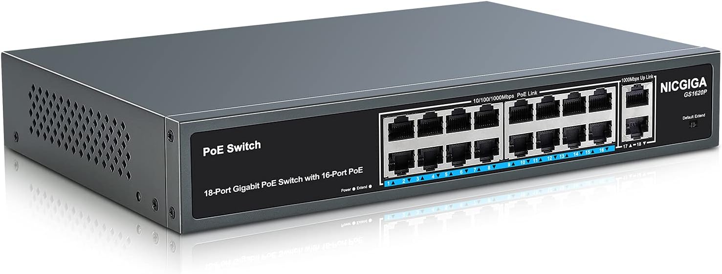 NICGIGA 18 Port Gigabit PoE Switch with 16 Ports 1000Mbps PoE+@250W, 2 Gigabit Uplink Ports, VLAN Mode, Sturdy Metal Case and Desktop/Wall/19 inch RackMount, Plug and Play, Unmanaged(GS1620P)