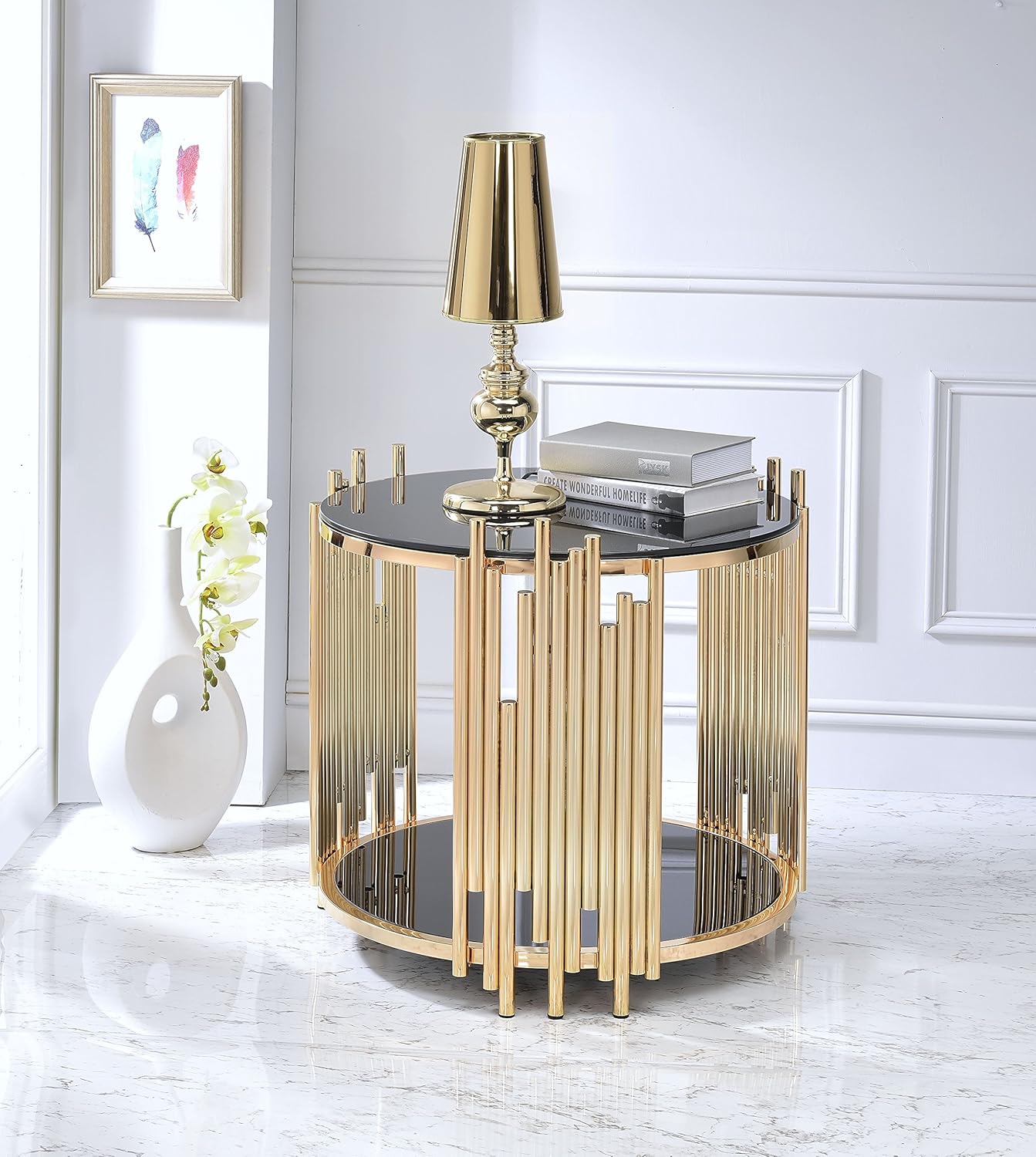 ACME Furniture Tanquin End Table, Black Glass/Gold