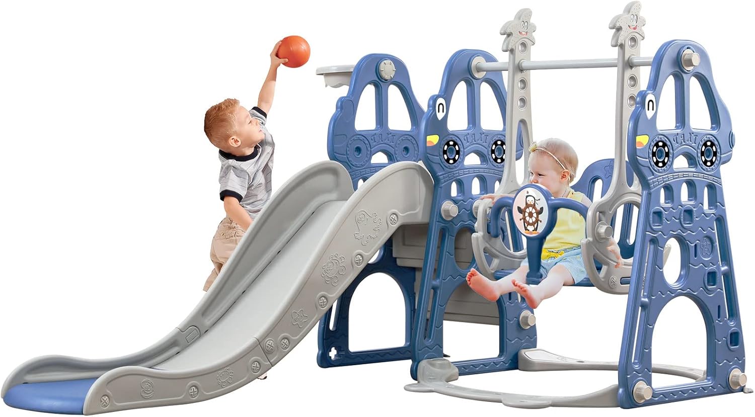 Toddler Slide and Swing Set 4 in 1 Toddler Playground with Swing Slide Climber and Basketball Baby Slide for Boys and Girls Backyard Playsets for Kids Indoor and Outdoor (Blue)