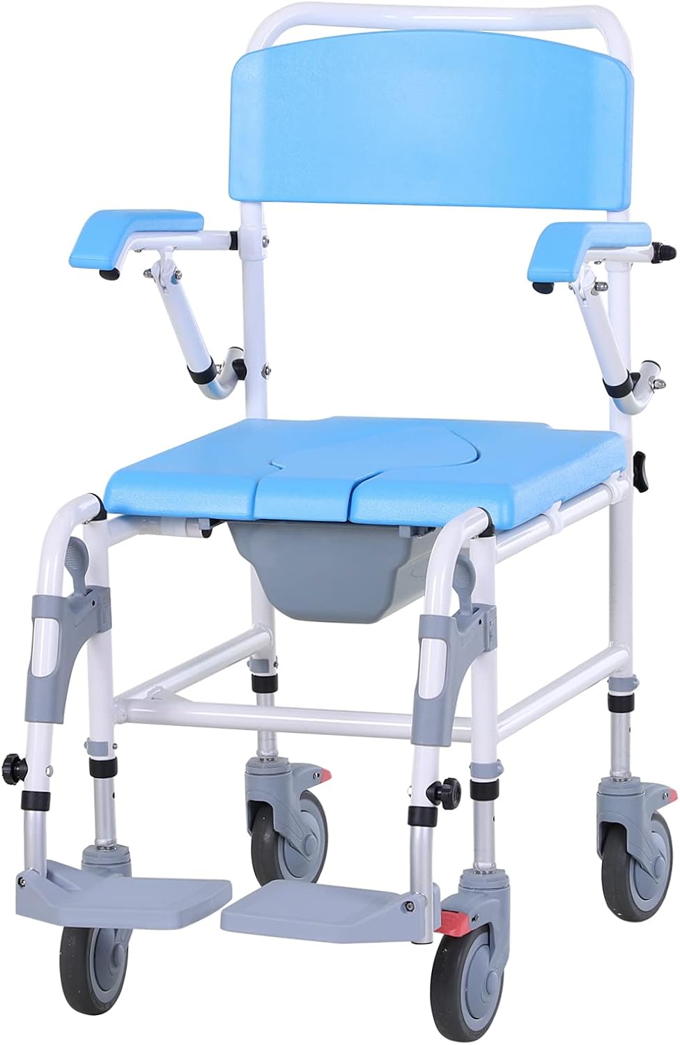 HOMCOM Accessibility Commode Wheelchair, Rolling Shower Wheelchair with 4 Castor Wheels, Rectangle Detachable Bucket, & Waterproof Design, Blue