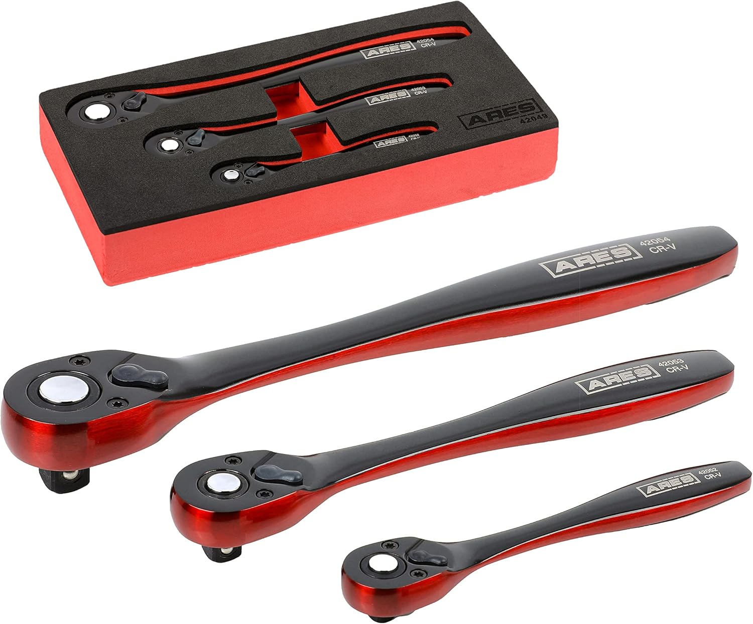 ARES 42049 - 3-Piece Dual Tone 72-Tooth Ratchet Set - Made of Chrome Vanadium Steel - Sleek Black and Red Finish - Quick Release for Easy Socket Change - 72-Tooth Reversible Design