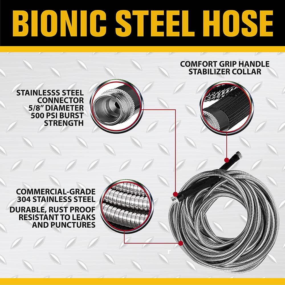 Bionic Steel 75 Foot Garden Hose 304 Stainless Steel Metal Hose – Super Tough & Flexible Water Hose, Lightweight, Crush Resistant Aluminum Fittings, Kink & Tangle Free, Rust Proof, Easy to Use & Store Pack of 2