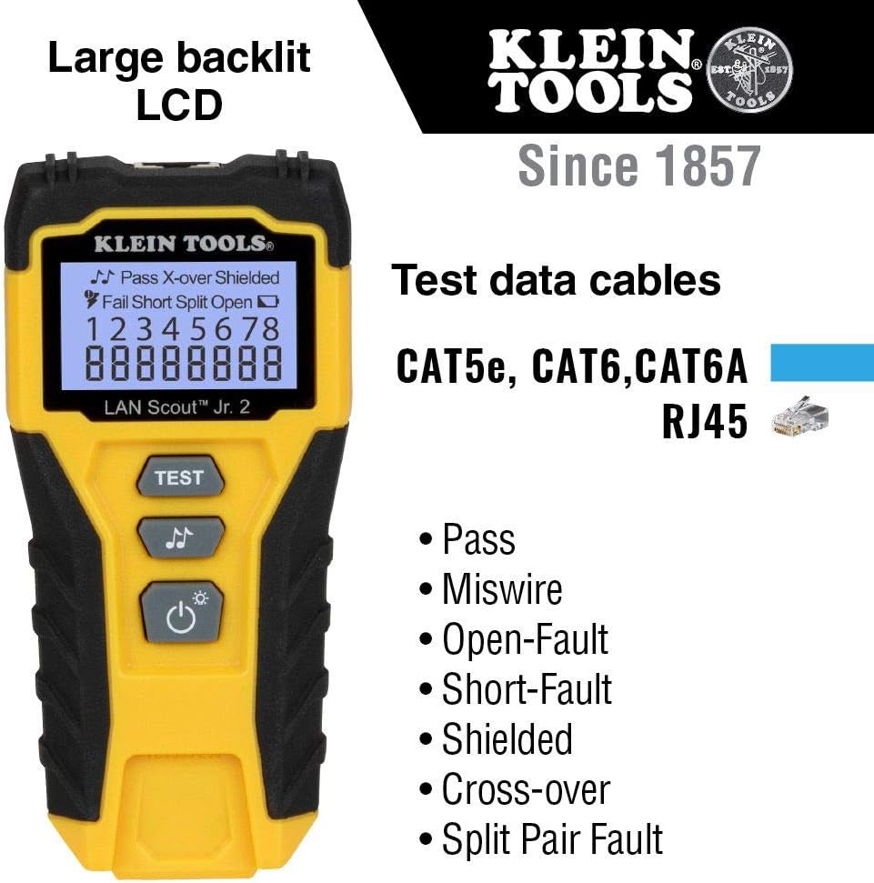 Cable Tester, LAN Scout Jr. 2 Ethernet Cable Tester for CAT 5e, CAT 6/6A Cables with RJ45 Connections Klein Tools VDV526-200 Pack of 2