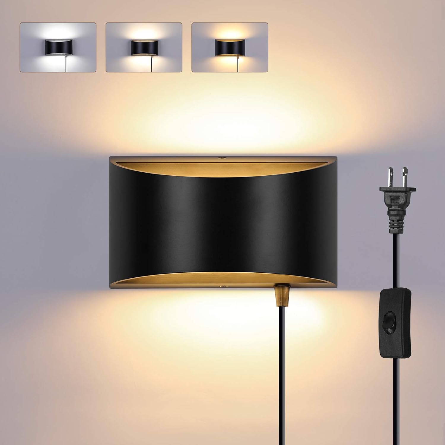 Black Wall Sconces Plug in, LIGHTESS Indoor Wall Sconce Adjustable Color Temperature Modern Up Down Wall Mount Lights for Bedroom Living Room Hallway