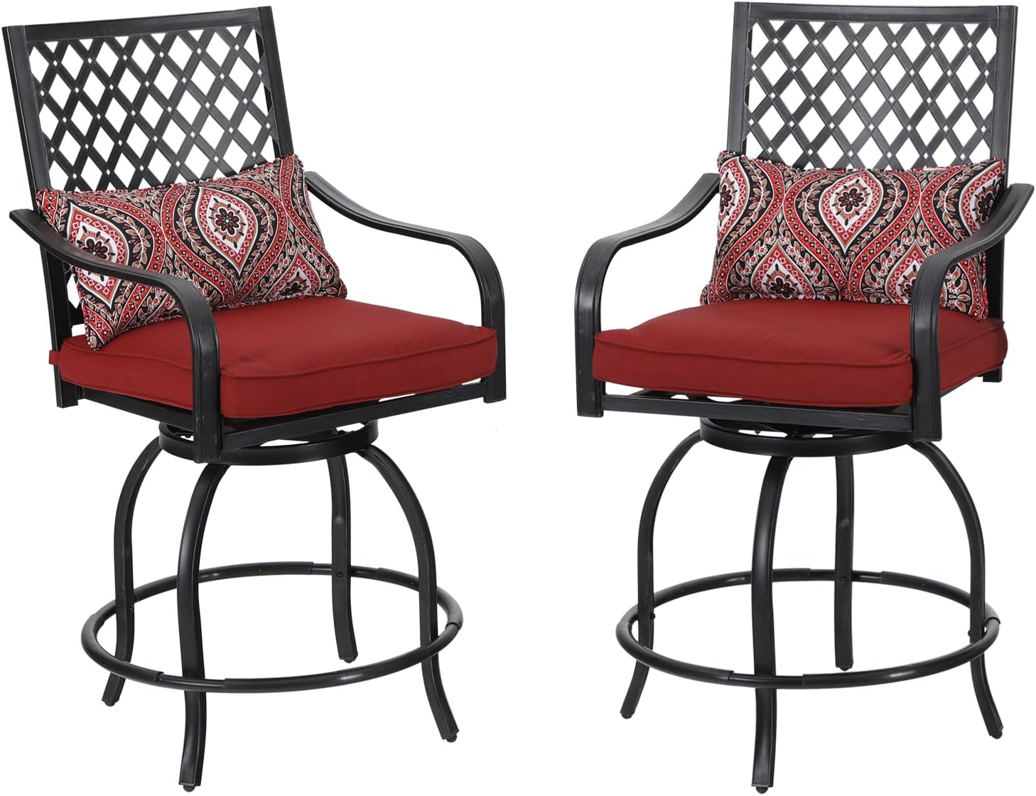 Sophia & William Outdoor Swivel Bar Stools Chairs Set of 2 Patio Bar Height Bistro Dining Chairs, All-Weather Patio Metal Furniture Set with Armrest and Red Cushion for Garden Lawn Backyard