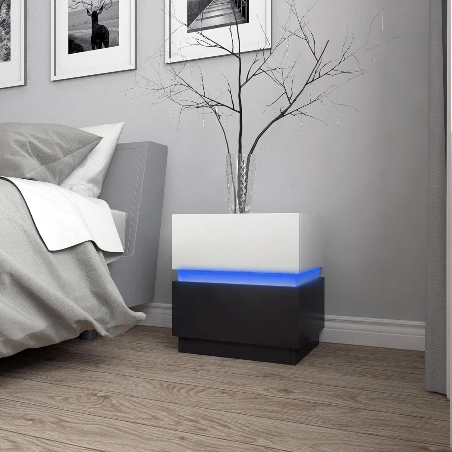 Uniking Nightstand Modern LED Light Bedroom 16-Color RGB LED Nightstand High Gloss with 2 Drawers Small Sofa End Side Table Corner Storage Cabinet for Living Room Bedroom (Brown+Black)