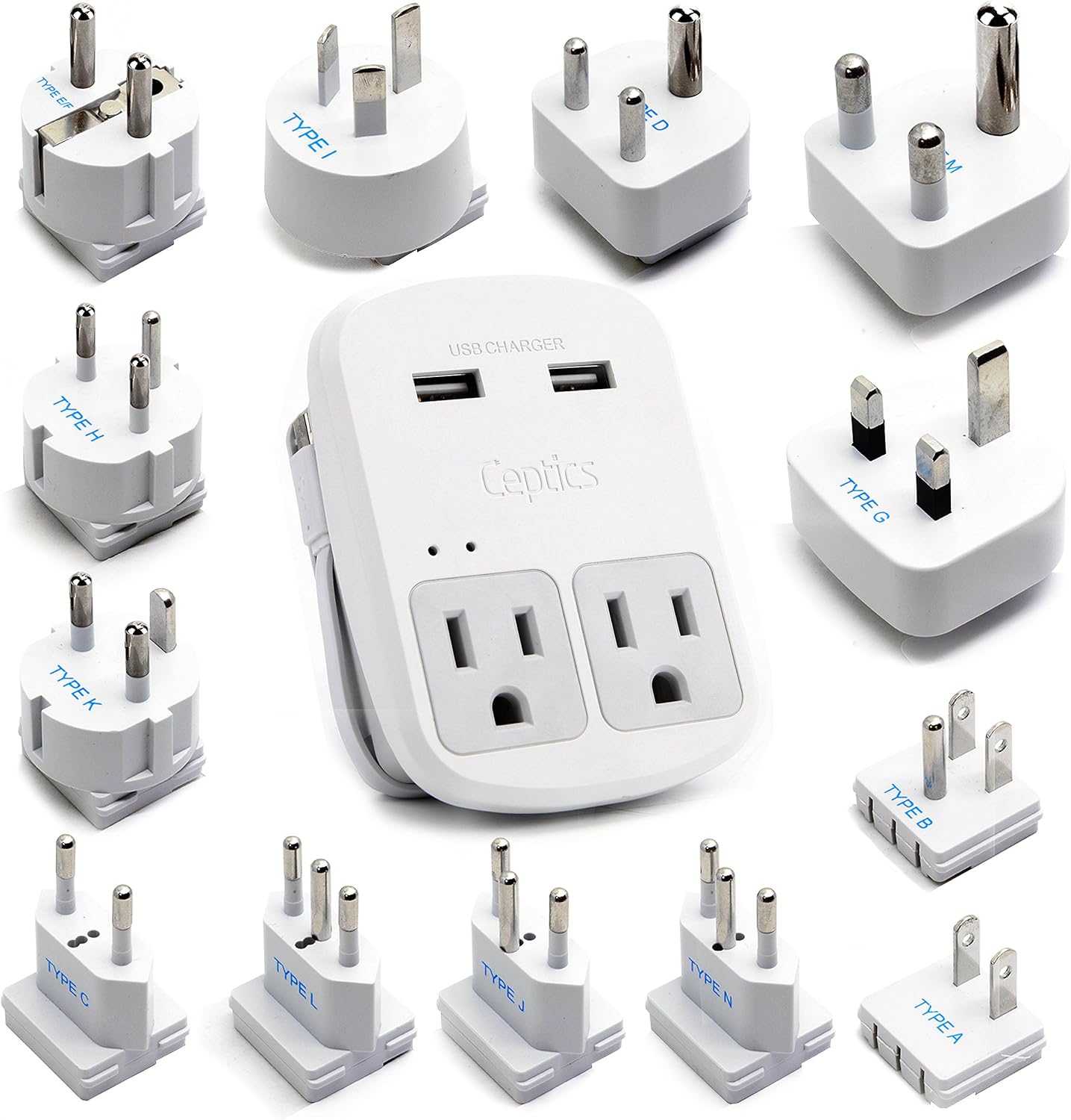 International Plug Adapter Kit, Ceptics World Safest Grounded 13 Adaptor Set Dual USB Ports - Travel Anywhere - Business Use - Perfect for Laptops, Cell Phones, Chargers - Surge Protection Pack of 2