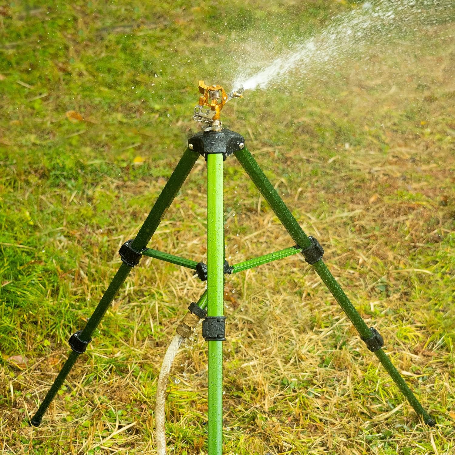 Hourleey Impact Sprinkler on Tripod Base, Heavy Duty Brass Sprinklers for Yard Lawn Garden, 0-360 Degree Large Area Coverage, 3/4 Inch Connector Extension Legs Flip Locks with Brass Sprinkler Head Pack of 2