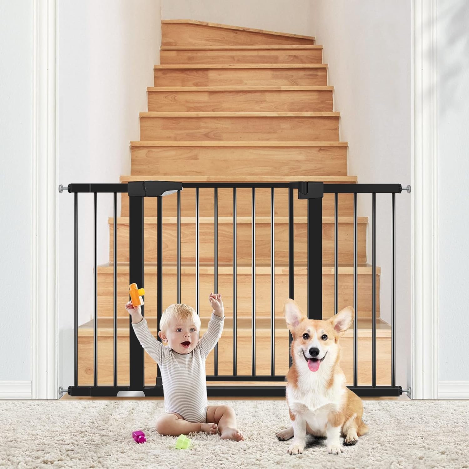 Baby Gate for Stairs and Doorways, ALVOD 29.53''-51.5'' Wide 30'' High Dog Gate for The House Auto Close, Easy Walk Thru Extra Wide Baby Gate with Door, Black