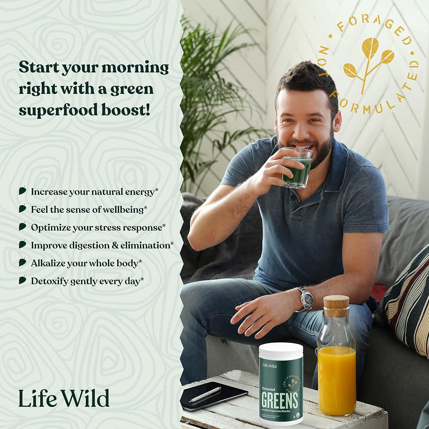 Life Wild Oriental Greens Organic Superfood Powder | Daily Blend of Alkalizing Juice, Probiotics, Fruits & Veggies | Dietary Supplement Drink for Vibrant Energy, Detox & Digestion | 30 Scoops Pack of 2