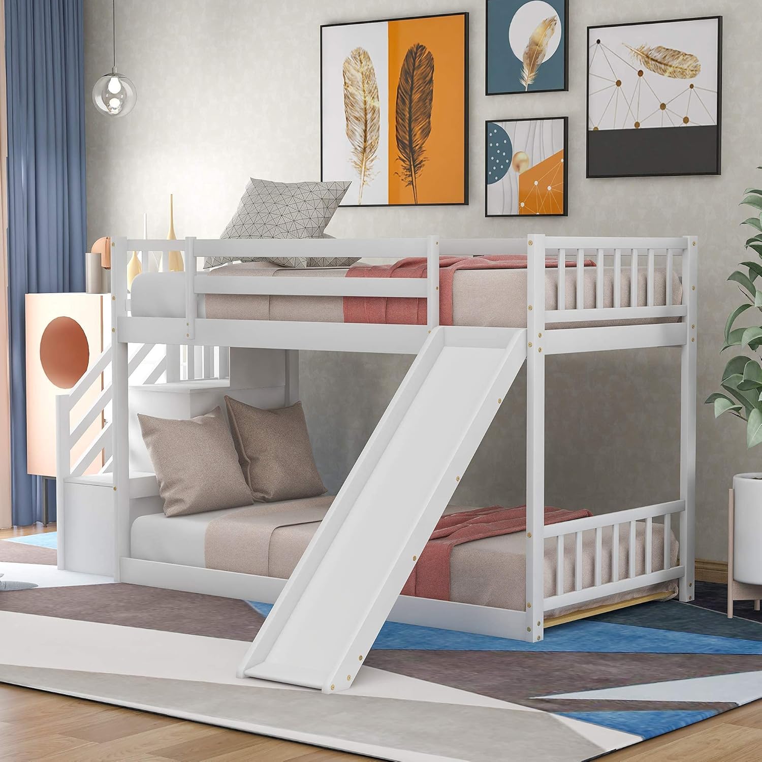SOFTSEA Low Bunk Beds with Slide and Two Step Stairs Storages, Twin Over Twin Stairway Bunk Bed with Staicase and Storage Space for Kids Teens Juniors, Multifunctional Design(Grey)