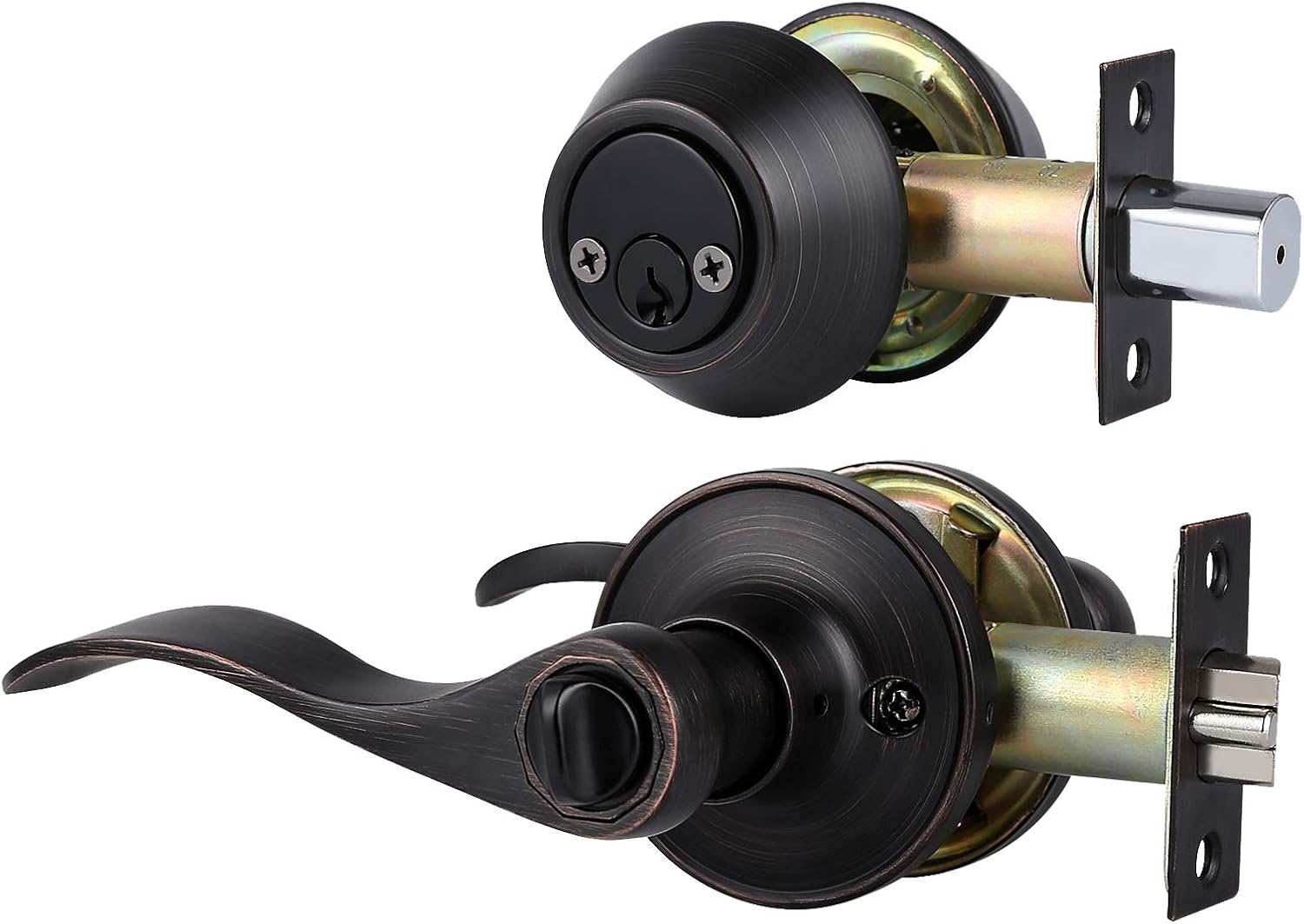 5 Pack Front Door Entry Lever Lock Set and Single Cylinder Deadbolt Keyed Alike Combination Set, Wave Style Door Lever Handle Set [Front Door or Office] Right & Left Sided Doors, Oil Rubbed Bronze