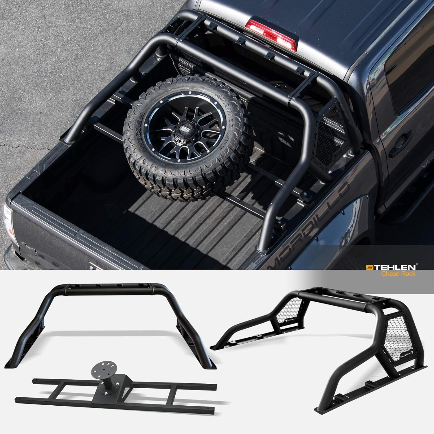 Armordillo 642167818793 For Full Size Trucks CR1 Chase Rack Truck Bed Roll Bar with Tire Carrier - Matte Black