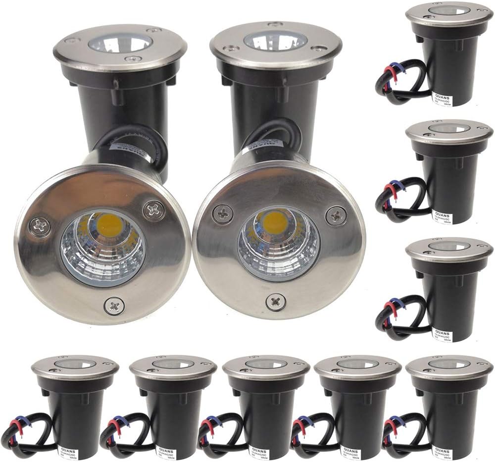 QUANS 3W Watt 12V 24V DC AC Low Voltage in Ground Well Outdoor LED Light, in-Ground Landscape Lighting Spotlight for Deck, Step, Pathway, Driveway, Garden, Yard, Patio (Warm White, 12 Pack)