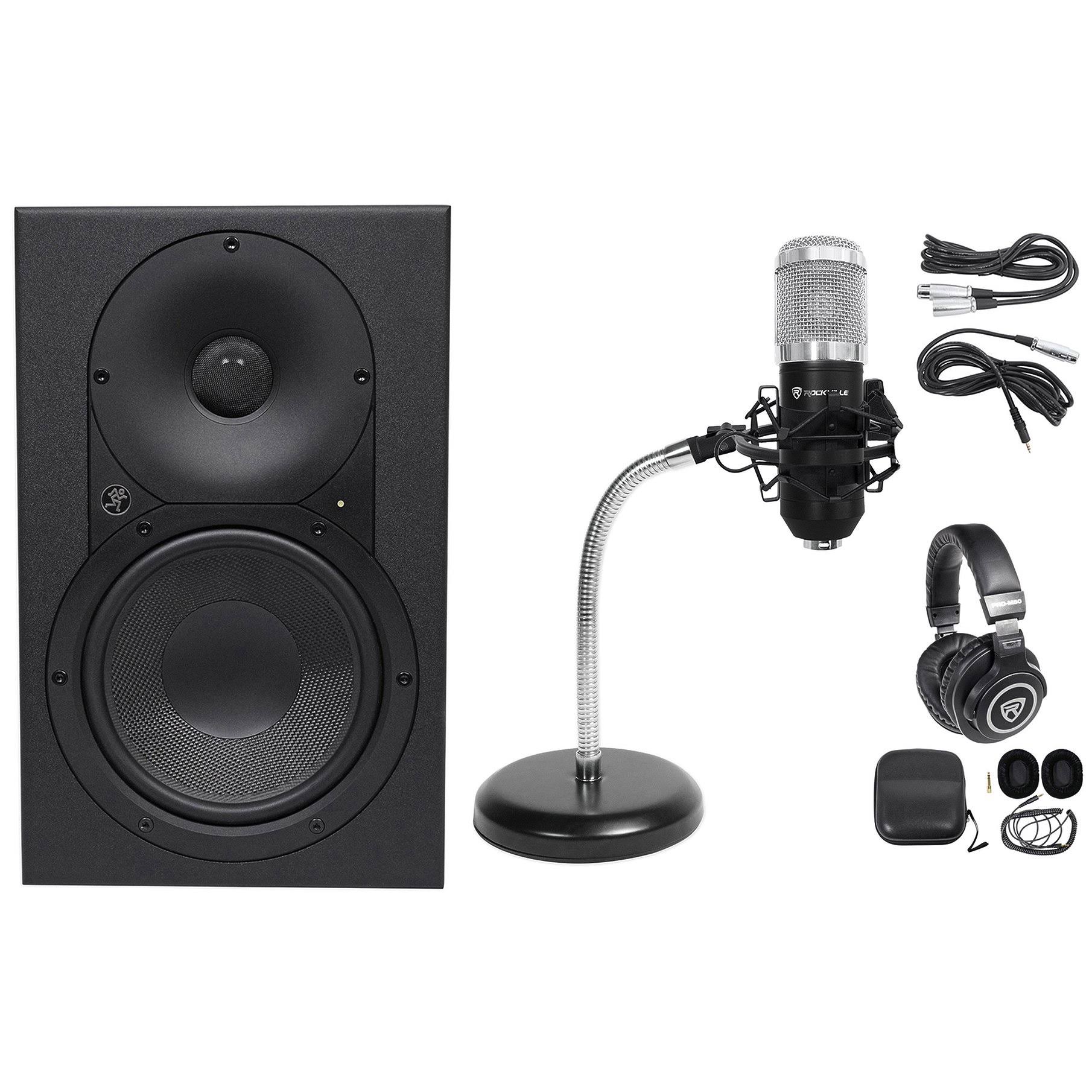 Mackie XR624 6.5x22 Powered Studio Monitor Speakers+Headphones+Condenser Mic+Stand
