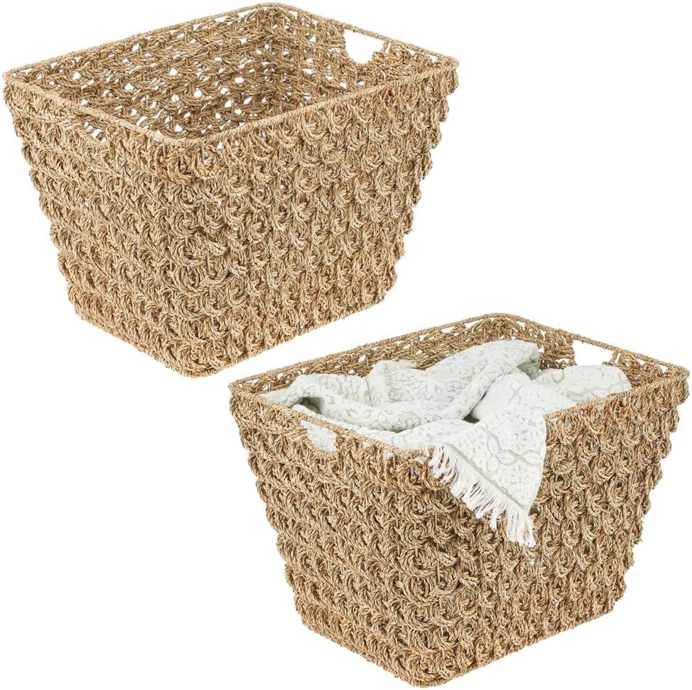 mDesign Woven Boho Seagrass Home Storage Hamper with Handles - Decorative Rectangle Braided Weaved Basket for Laundry, Closet, Bedroom, Bathroom, Living Room, Entryway, or Office - 2 Pack - Natural