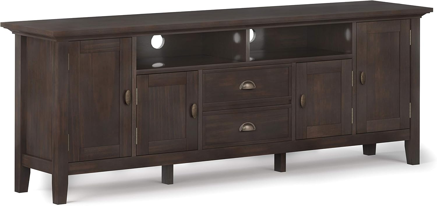 SIMPLIHOME Redmond SOLID WOOD Universal TV Media Stand, 72 inch Wide , Farmhouse Rustic, Living Room Entertainment Center, Storage Shelves and Cabinets, for Flat Screen TVs up to 80 inches in Black