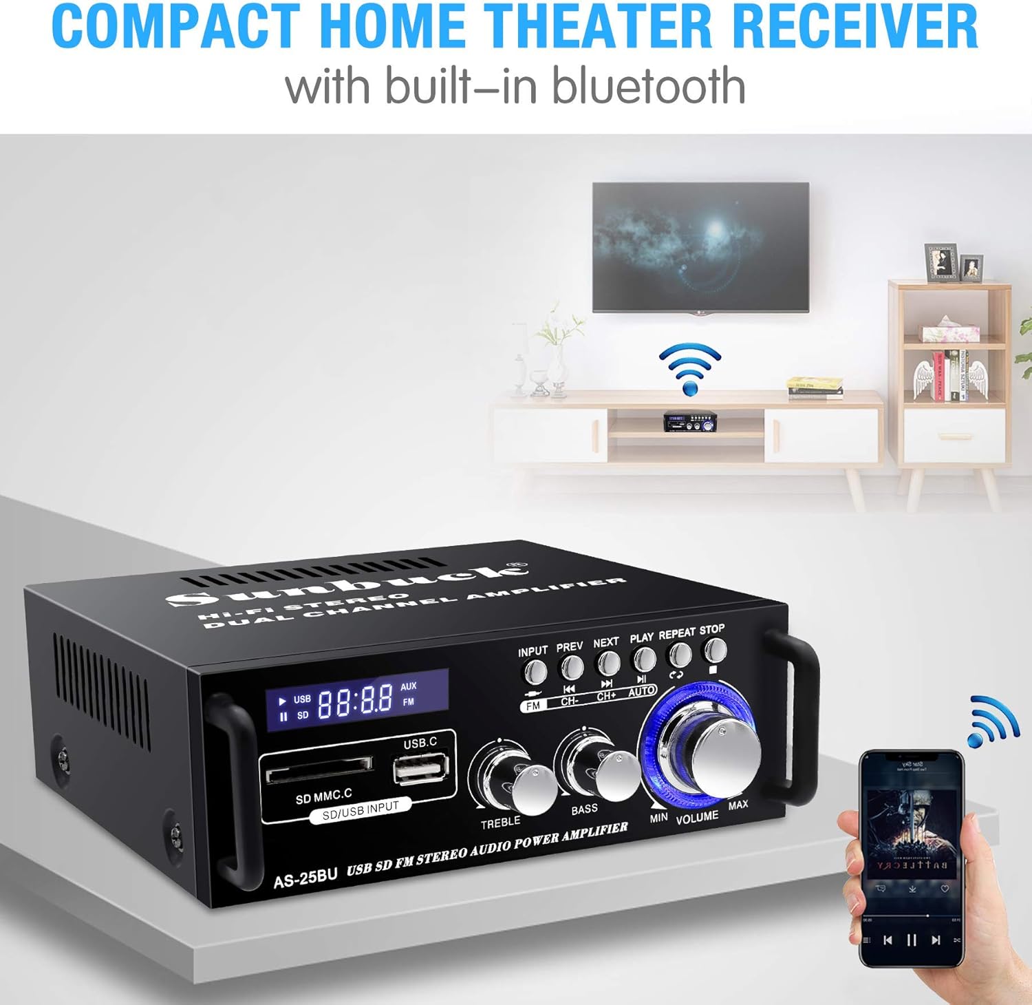 180W Wireless Bluetooth Stereo Amplifier, Sunbuck Dual Channel Sound Power Audio Receiver w/USB, SD Card, FM Radio for Home Theater Entertainment Speakers with Remote Control (AS-25BU) Pack of 2