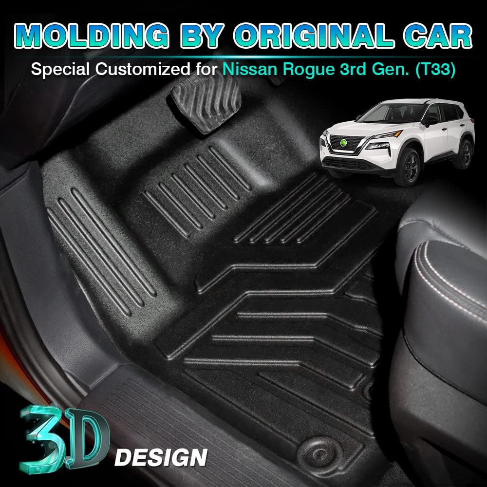 T TGBROS Custom Fit Floor Mats for Nissan Rogue 2021 2022 2023 All-Weather Floor Mat Liners Front & Rear Row Full Set Liner Black Non-Slip (No Sport Models)
