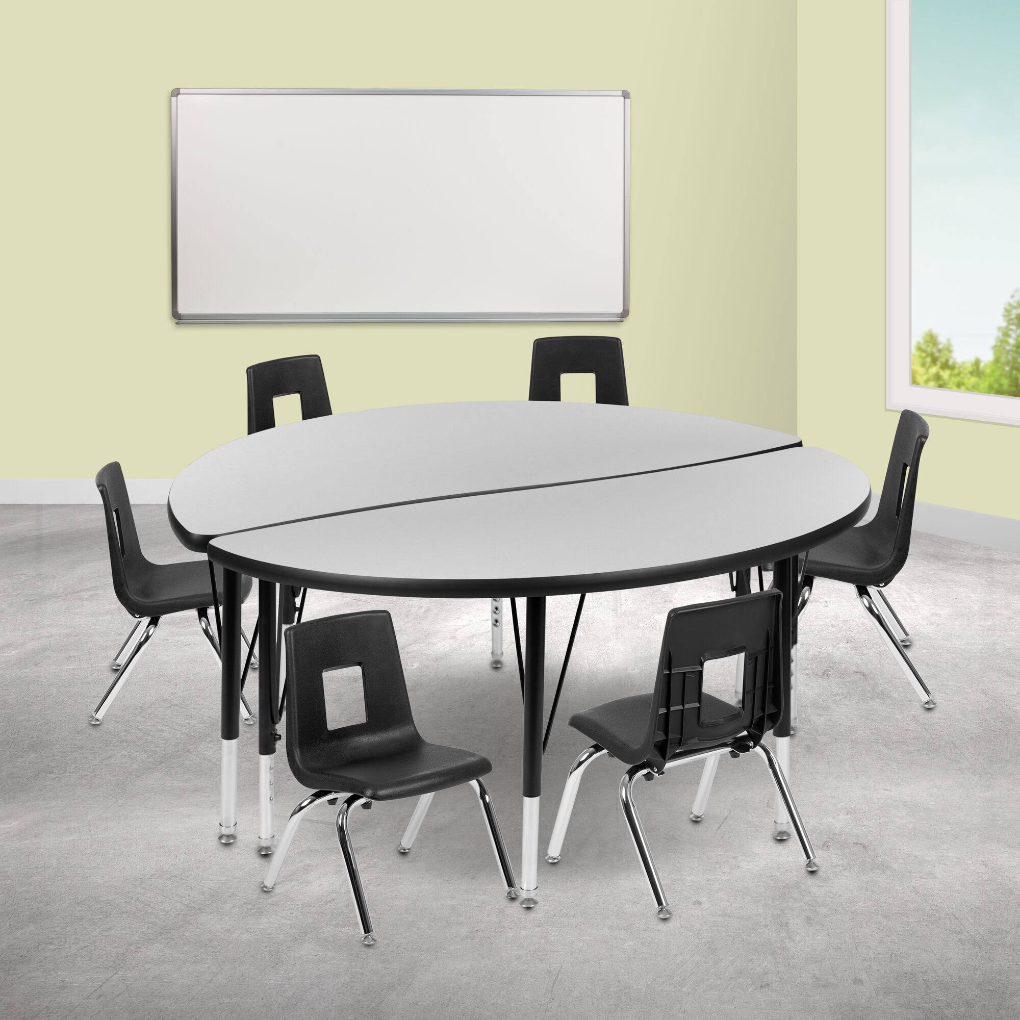 Flash Furniture 47.5x22 Circle Wave Collaborative Laminate Activity Table Set with 14x22 Student Stack Chairs - Grey, Black