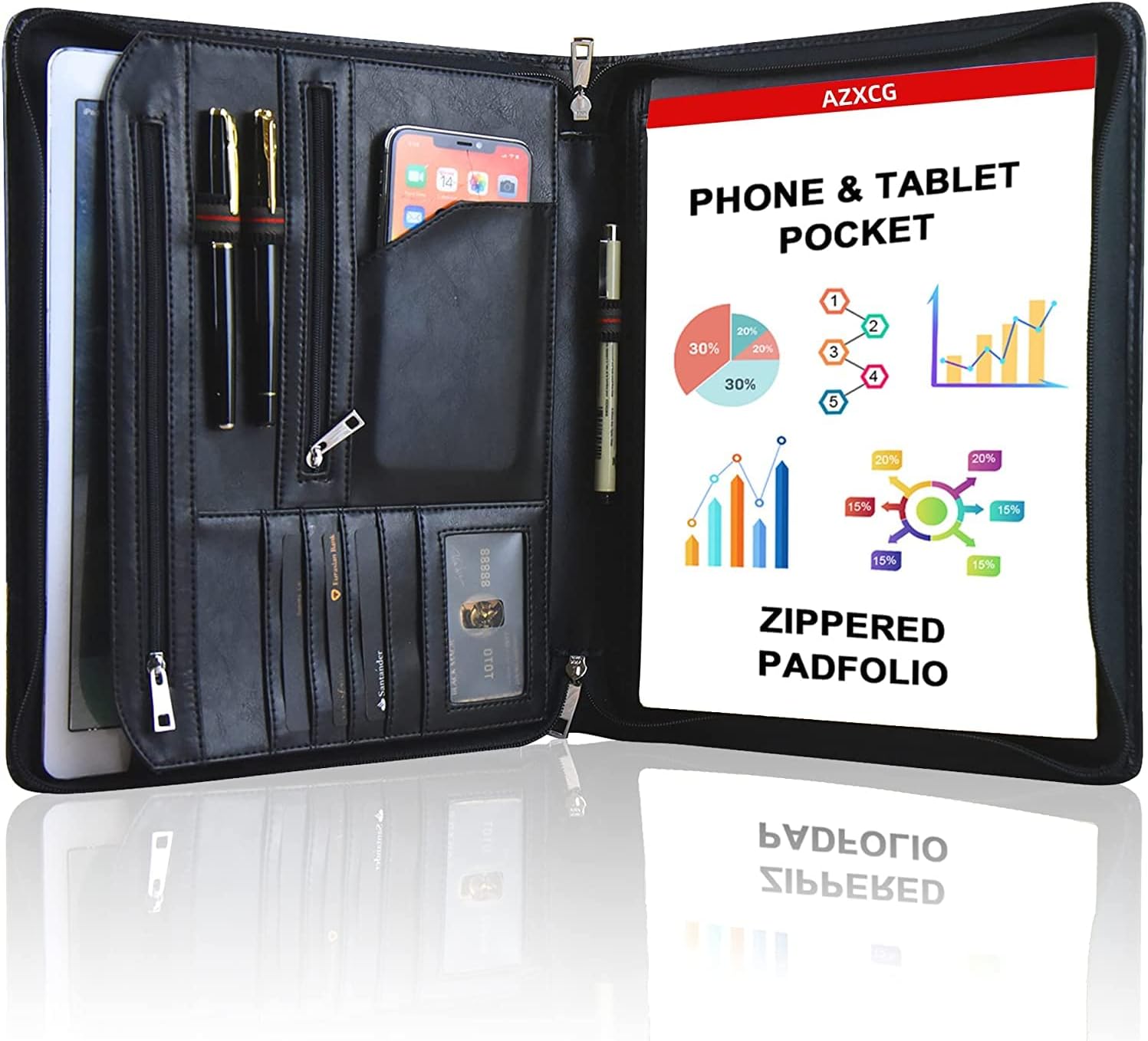 AZXCG Porfolio with YKK Zipper, Resume Portfolio Folder - Interview/Legal Document Organizer & Business Card Holder, Faux Leather,8.5 x 11 Writing Pad Pack of 2