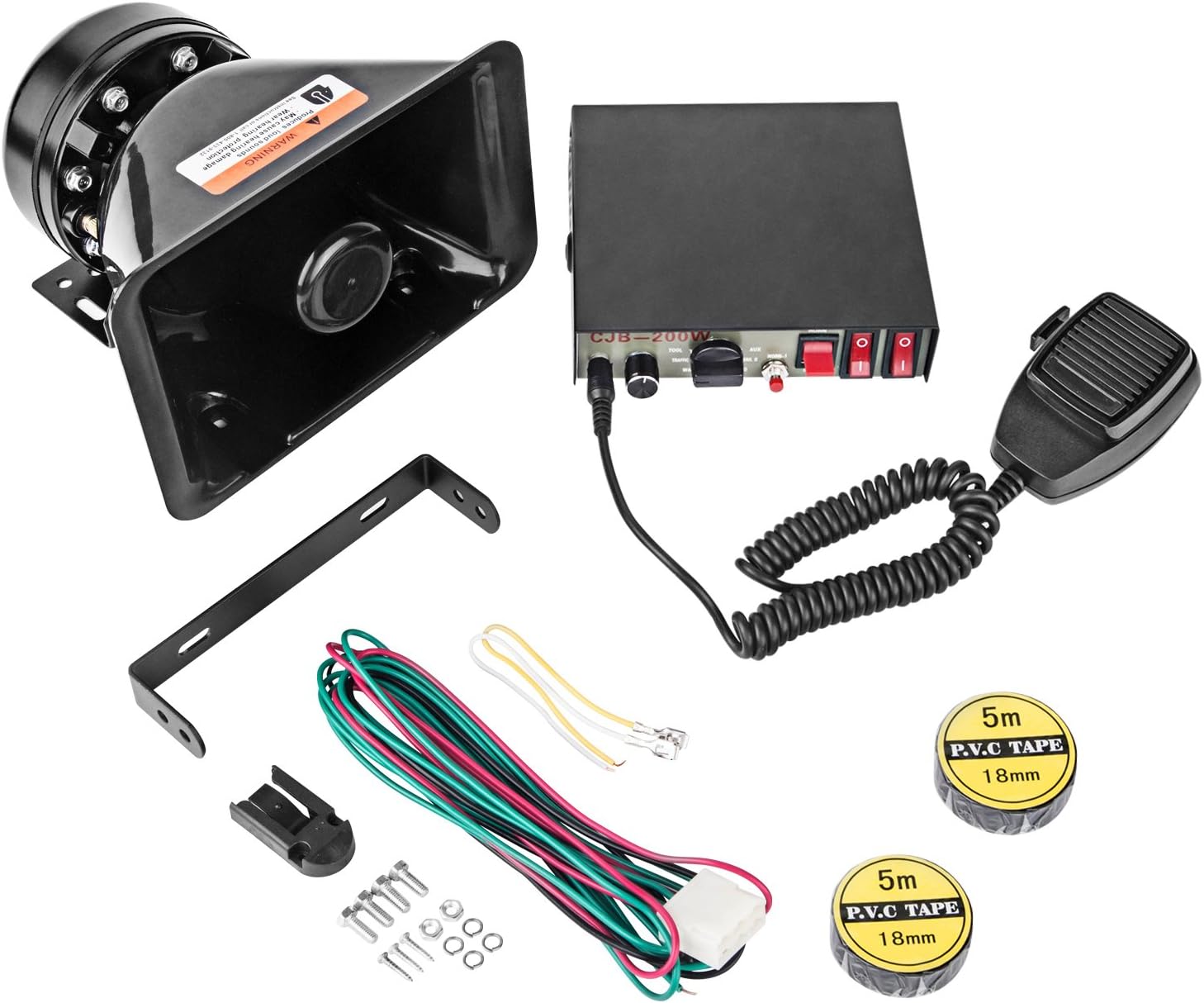 YHAAVALE CJB200P Amplifier Police Siren & Black Plastic Square Speaker,DC12V 200W 9 Tones Wired Handheld Microphone Loudspeaker Emergency Siren Electronic PA System Pack of 2