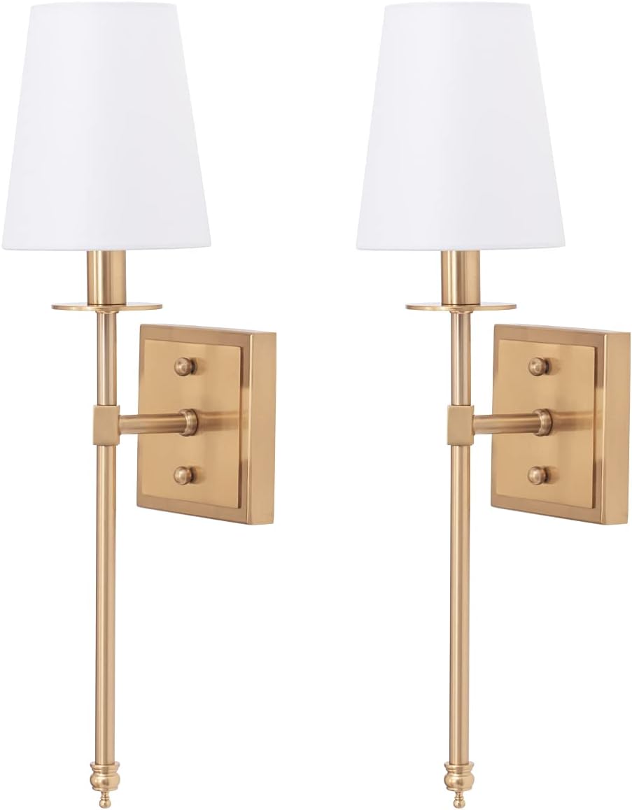 VILUXY Modern Wall Sconces Antique Brass Brush Paint Finish Bedside Wall Sconce Lighting Fixture with White Fabric Shade for Bedroom, Hallway, Entryway, Passway, Bathroom, Vanity 2 Pack