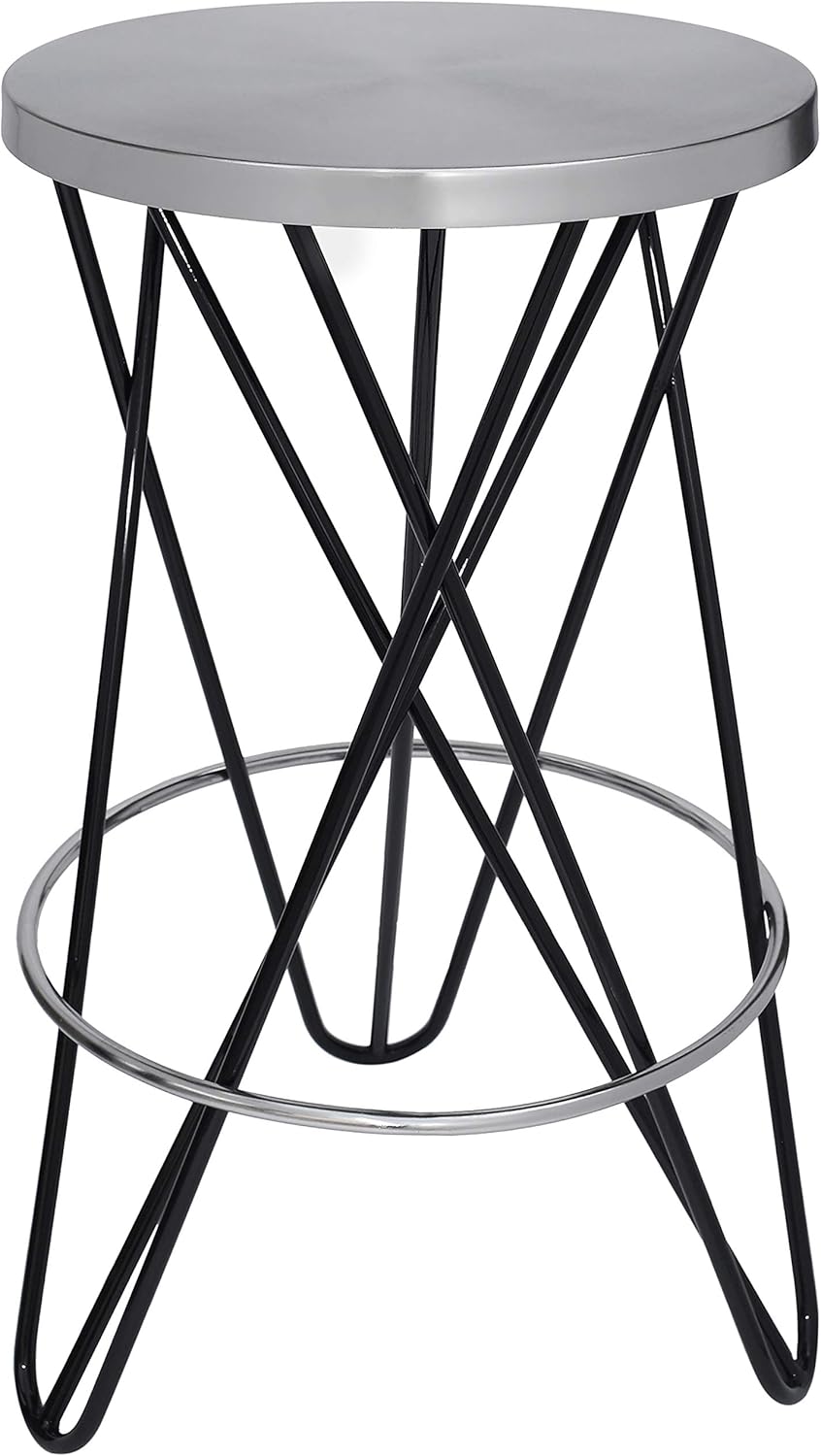 Meridian Furniture 947Black Mercury Collection Modern | Contemporary Iron Stool in Brushed Silver Iron Finish, Black Powder Coating, Counter Height